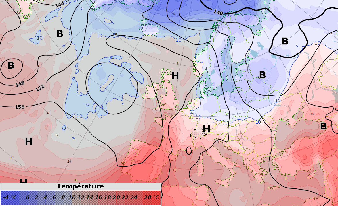 Modélisation de la pression atmosphérique réduite au niveau de la mer (isolignes noires) et de la température à 850 hPa (± 1500 m au-dessus du niveau de la mer) entre lundi 18 août et jeudi 21 août 2025. (Image : modèle IFS, ECMWF & MétéoSuisse)