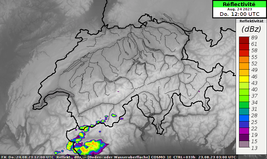 Animation de la réflectivité radar (en dBz) modélisée pour la période du jeudi 24 août 2023 de 12 h à 24 h UTC. Modèle COSMO-1E Contrôle.