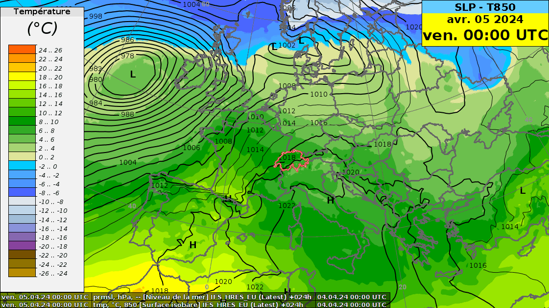 Carte de la pression réduite au niveau de la mer (contours noirs, en hPa) et température à 850 hPa (~1500 m, couleurs, en °C) prévues pour la période du vendredi 5 avril au lundi 8 avril 2024. Modèle IFS HRES.