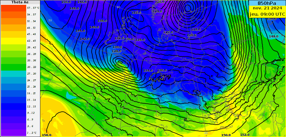 Figure 2 : animation de la température équivalente potentielle et de la hauteur du géopotentiel à 850 hPa. Les couleurs bleues représentent les masses d’air polaire et en vert les masses d’air subtropicale.