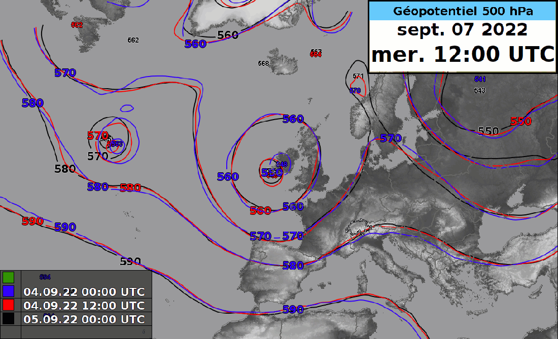 Géopotentiel à 500 hPa soit environ 5500 m prévu par 3 runs successifs du modèle IFS haute résolution de mercredi 7 à vendredi 9 septembre minuit : en bleu run du 04.09 00UTC, en rouge run du 04.09 12UTC et en noir le dernier run disponible du 05.09 00Z.