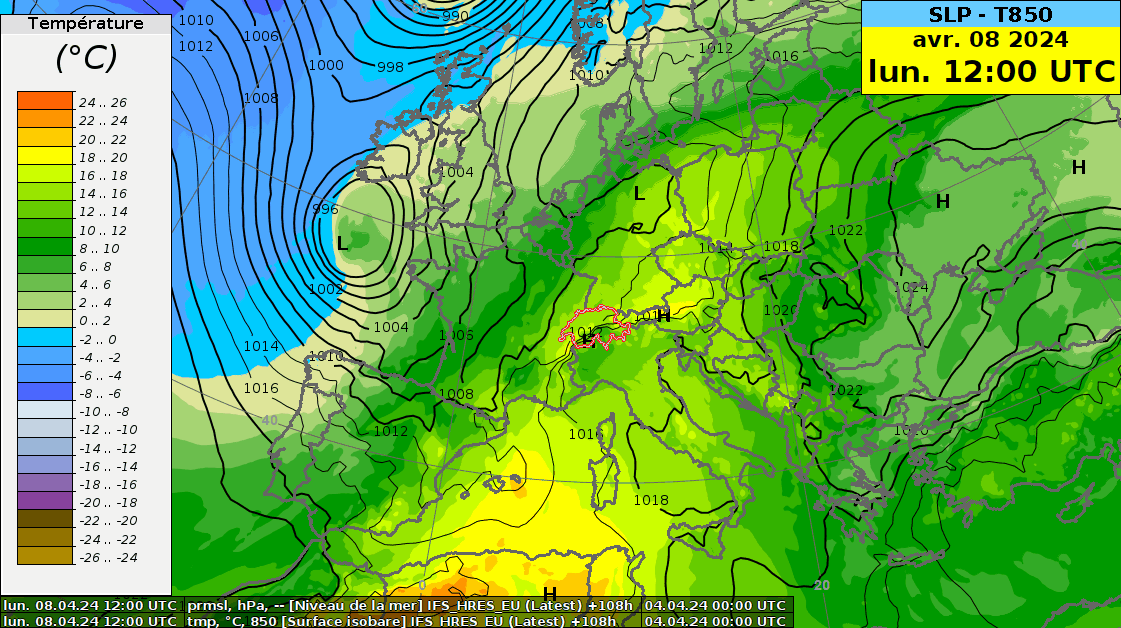 Carte de la pression réduite au niveau de la mer (contours noirs, en hPa) et température à 850 hPa (~1500 m, couleurs, en °C) prévues pour la période du lundi 8 avril au mercredi 10 avril 2024. Modèle IFS HRES.