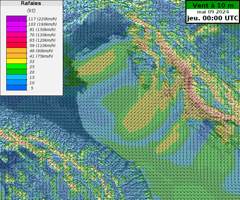 Figure 3 : prévision du vent à 10 m pour le 09 mai à 12 UTC sur le nord de l’Adriatique. Les flèches représentent la direction du vent et les couleurs la force des rafales. Source : modèle ICON-CH2-EPS, run du 07 mai à 06 UTC.