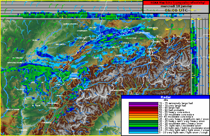 Figure 1 : Animation radar des échos de précipitations neigeuses qui se sont produits entre 7h00 et 15h30 ce mercredi 18 janvier 2023. On repère les échos conséquents s'étirant du Jura vaudois aux Préalpes vaudoises et fribourgeoises en passant par la région lausannoise.