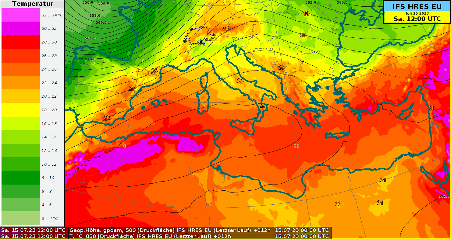 Animation de la température à 850 hPa ou environ 1500 mètres (surfaces colorées) et du géopotentiel à 500 hPa (lignes noires, décrivant les conditions de pression à environ 5500 à 6000 mètres). L'animation montre les prévisions du modèle européen IFS.