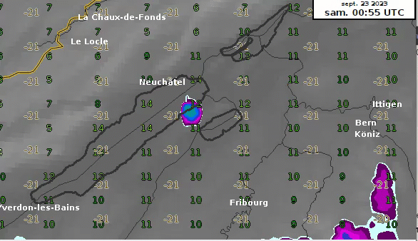 Animation radar montrant les averses par "Effet lac" sur le lac de Neuchâtel.
