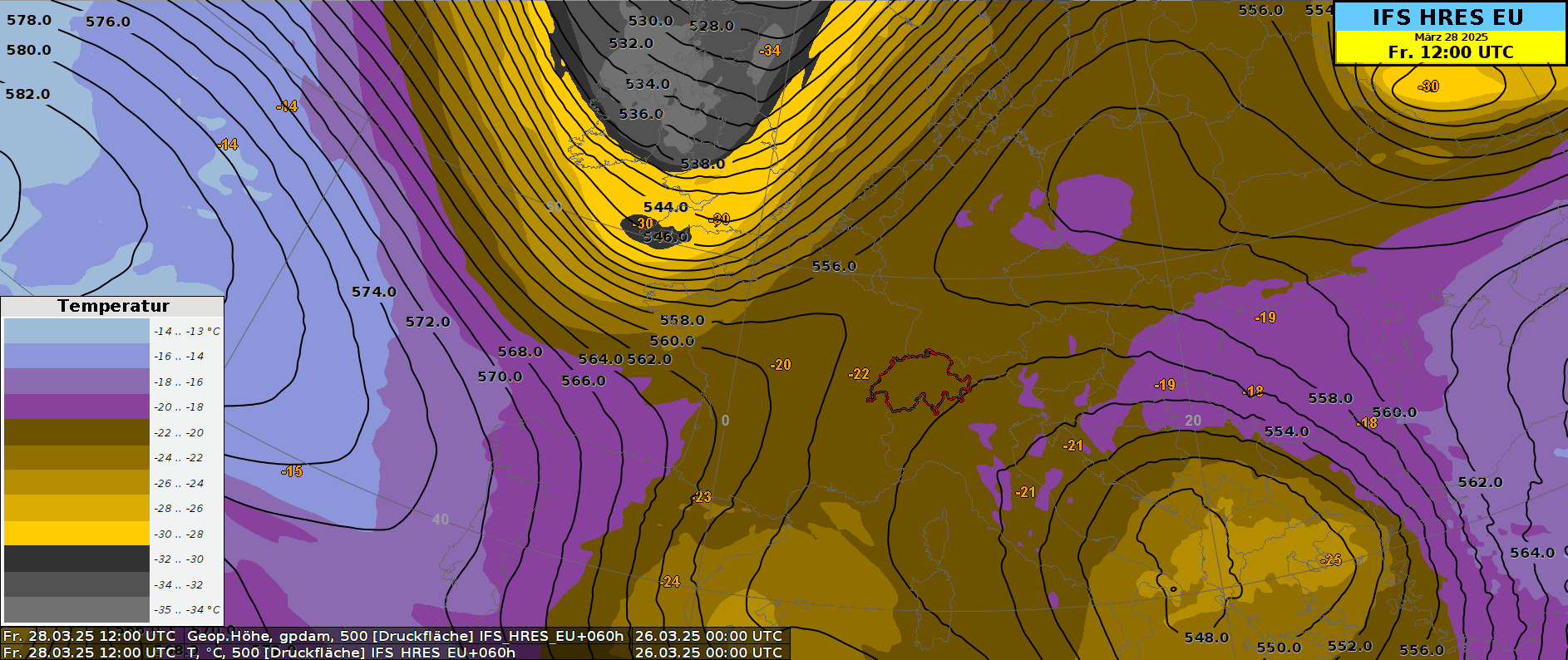 Animation de la température (couleurs jaune-brun = froid / violet-bleu = chaud) et de l'altitude géopotentielle (isolignes noires) au niveau 500 hPa (env. 5,5 km d'altitude) entre vendredi 28 mars et lundi 31