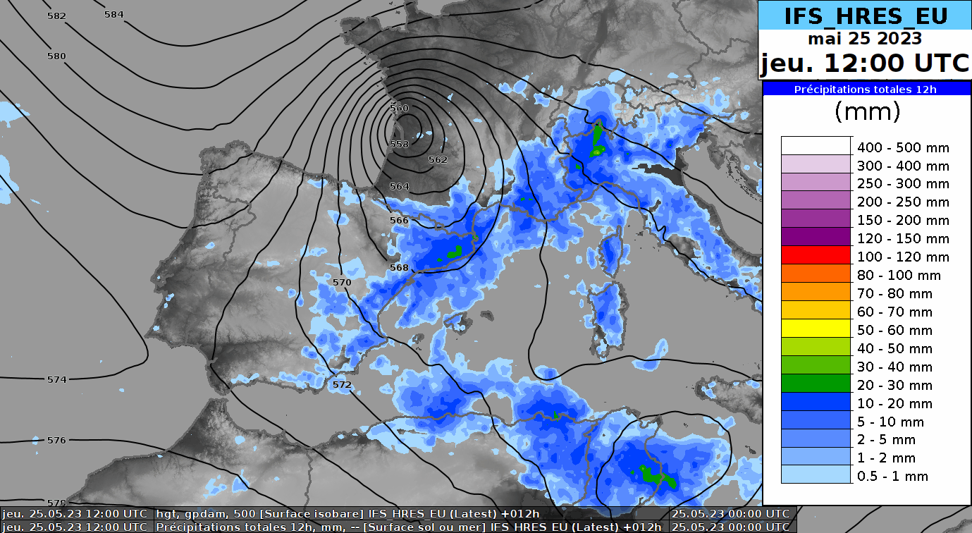 Carte du géopotentiel à 500 hPa et cumuls de précipitations en 12 h du 25 au 31 mai 2023. Modèle IFS.