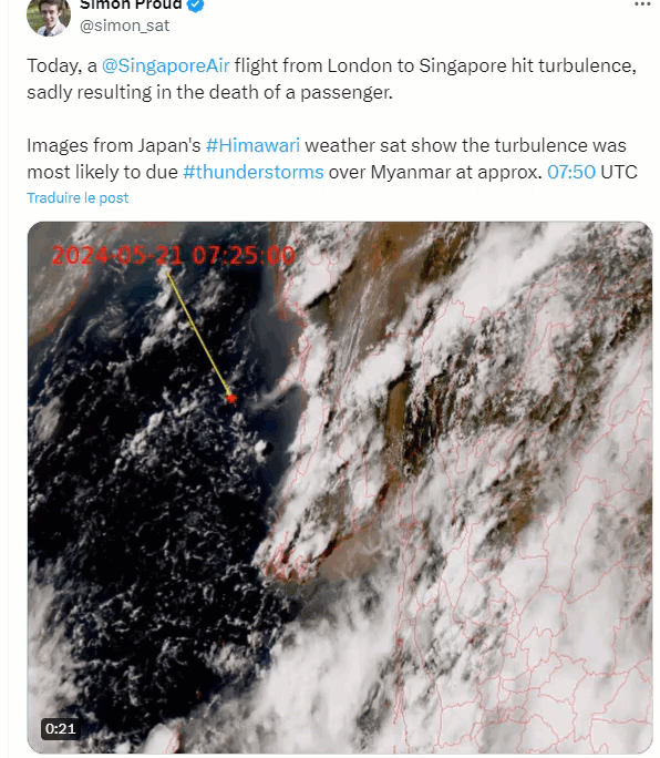 Le vol SingaporeAirlines  SQ321 a probablement rencontré de sévères  turbulences orageuses.
