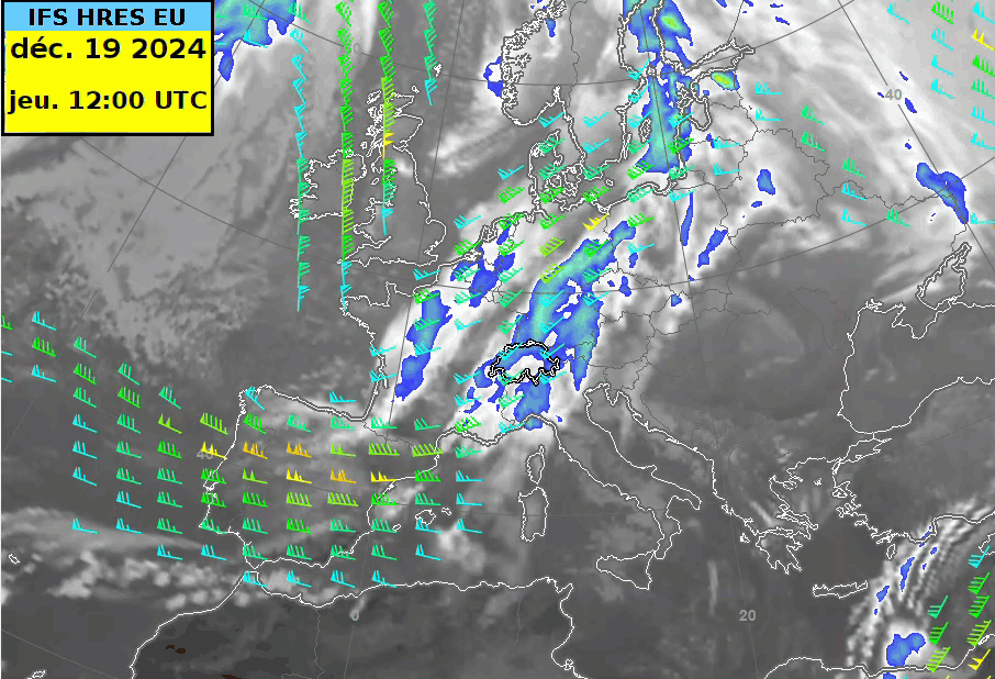 Animation du vent à 300 hPa (jetstream) et couverture nuageuse, , simulation du modèle IFS du 17.12.2024 00UTC