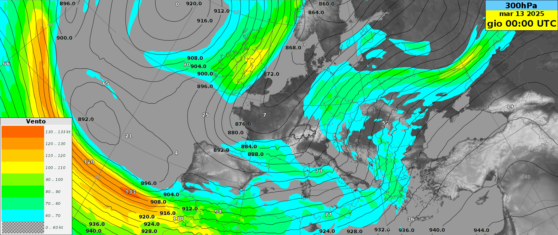 Animation du vent et du géopotentiel à 300 hPa (environ 10'000 m d'altitude). IFS HRES, run du 13.03.2025, 6h UTC.