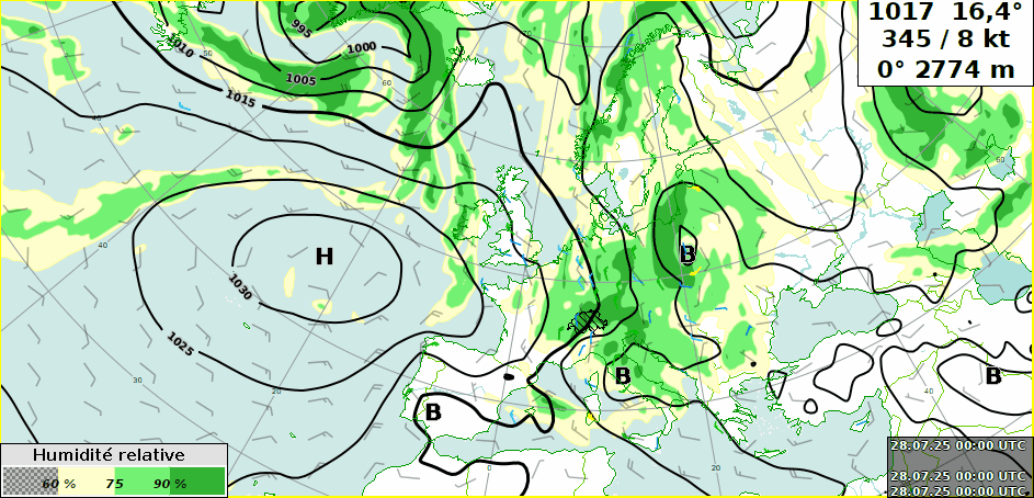 Evolution au sol avec humidité à 700 hPa (3000 mètres) pour ces prochains jours par IFS (ECMWF)