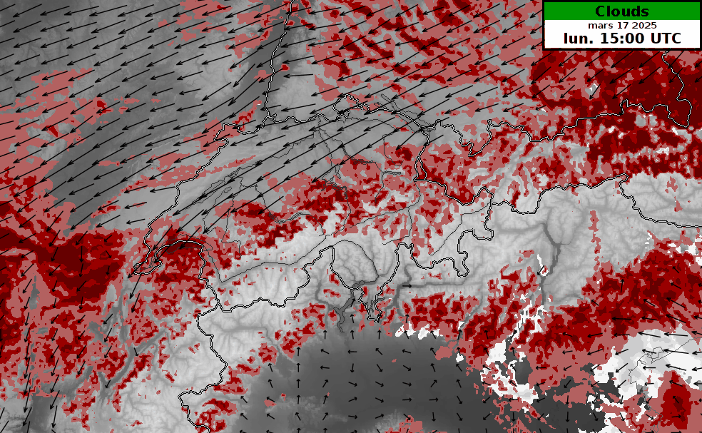 Force et direction du vent à 1000 m (flèches noires) et couverture nuageuse basse (en rouge) prévus de lundi 17 mars 15UTC à mardi 18 à minuit par le modèle ICON-CH2-CTRL.