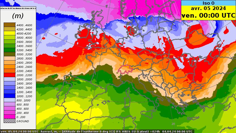 Carte de l'altitude de l’isotherme du 0 degrés prévu pour la période du vendredi 5 avril au lundi 8 avril 2024. Modèle IFS HRES.