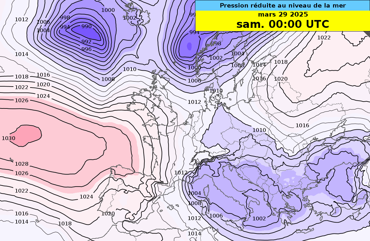 Animation de la pression atmosphérique réduite au niveau de la mer sous la forme d’isolignes et de couleur avec en teint rosé les valeurs de haute pression et en bleu les valeurs dites de basse pression. (Image : modèle IFS, ECMWF)