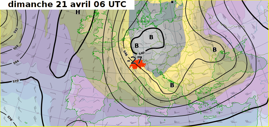 Carte synoptique en prévision de l'Europe au niveau 500 hPa entre dimanche 21 avril et jeudi 25 avril avec la température prévue à ce niveau au-dessus de Payerne. 