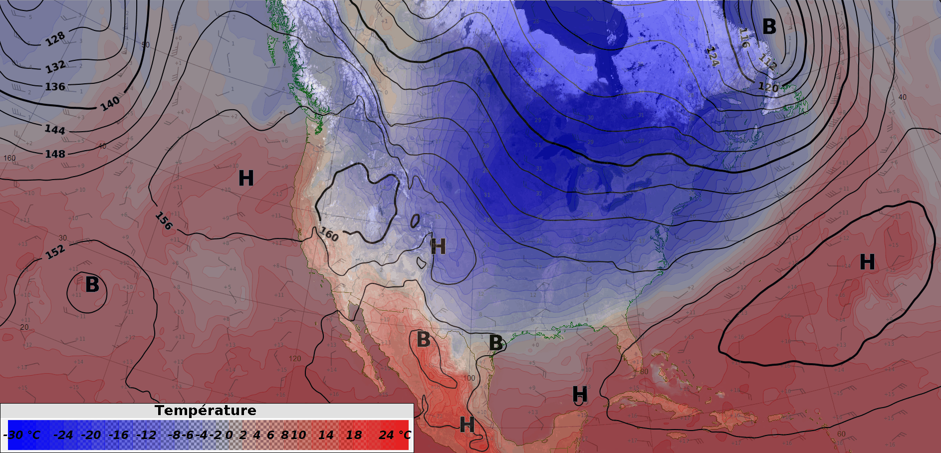 Animation des masses d'air à 850 hPa (1500 m d'altitude) sur l'Amérique du Nord par le modèle ECMWF. L'air froid apparaît en bleu et l'air chaud en rouge.