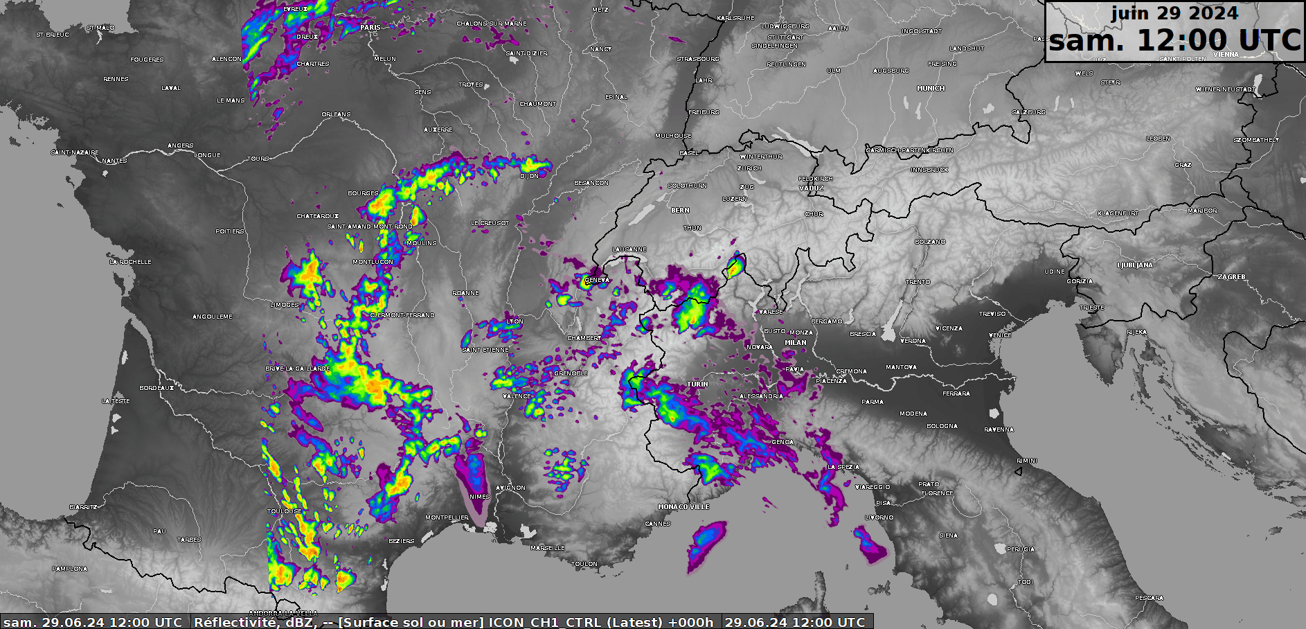 Simulation radar par ICON-CH1 pour l'après-midi et soirée de samedi 29 juin 2024.