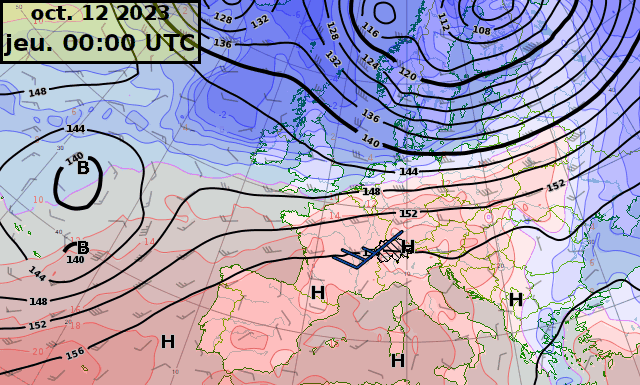 Température à 1500 m (plages de couleurs) et altitude de la géopotentielle 850 hPa prévues par le modèle IFS déterministe de jeudi 12 octobre à vendredi 20 octobre 2023.