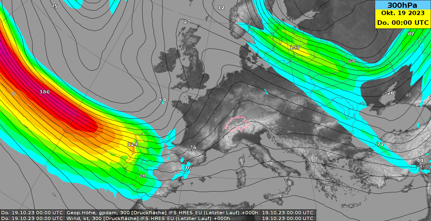 Géopotentiel (en isolignes noires) et force du jet-stream en noeuds (plages de couleurs) à 300 hPa (environ 9000 m) prévus par le modèle du centre européen de prévision entre jeudi et vendredi soir. 