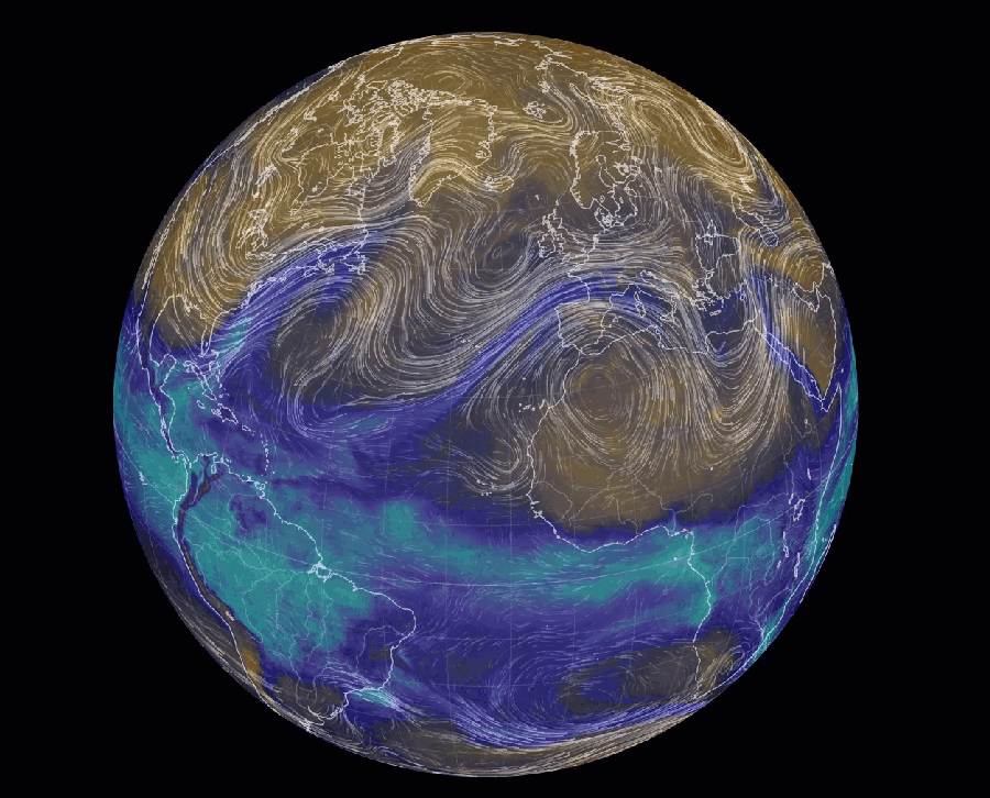 Eau précipitable (en mm, plages de couleurs) et vent à 500 hPa (streamlines animées, 5500 m environ) prévus par le modèle américain lundi 11.12.2023 à 12UTC.