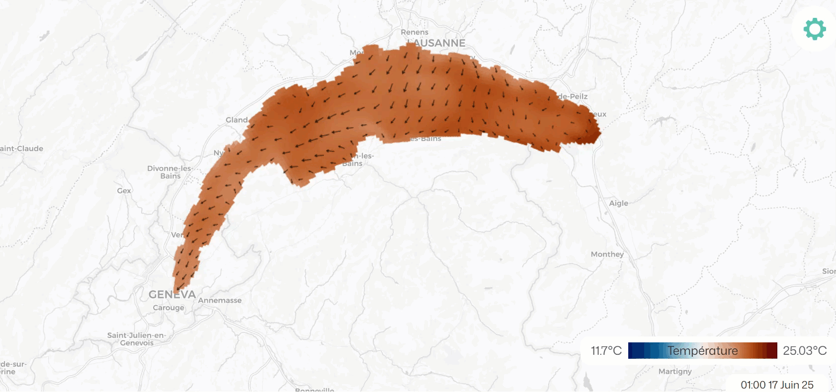 Figure 3 - Températures et courants de surface de lac Léman simulés par le modèle Delft3D-flow de l’EAWAG du 17 au 21 juin 2025. 