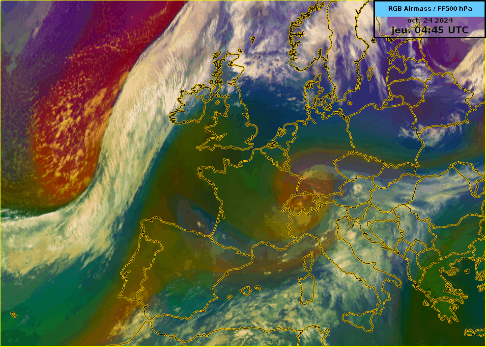 Animation satellite « airmass RGB » sur l’Europe le 24 octobre 2024 à 07:15 UTC