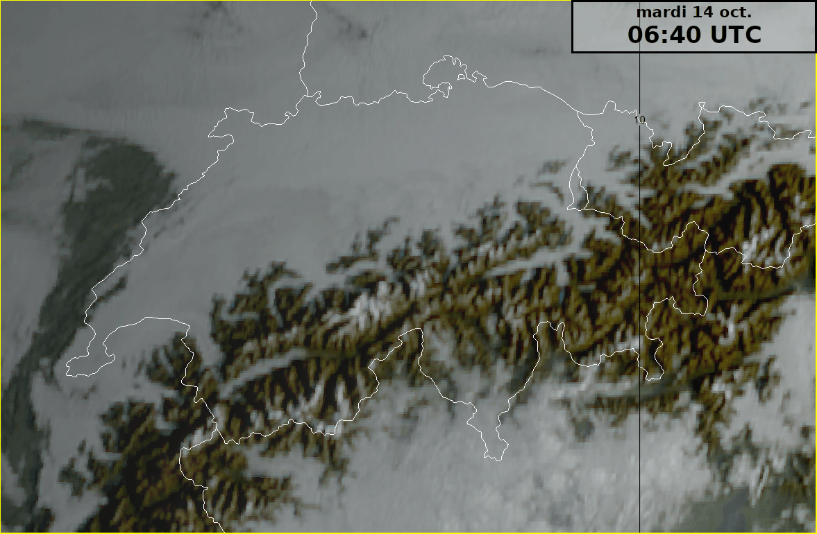 Animation des images satellitaires HRV de la matinée du 14 octobre. Le stratus se dissipe rapidement en Valais en amont du coude de Martigny
