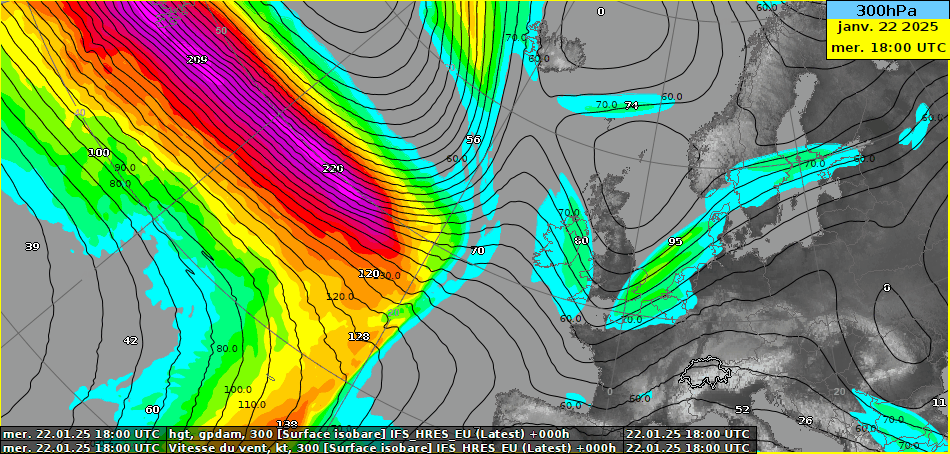 Figure 2 : animation de la vitesse du vent vers 9000 m d’altitude. Les zones en rouge représentent des branches du jet stream avec des vents de plus de 250 km/h. Source : modèle IFS du ECMWF, prévision du 23 janvier à 00 UTC.