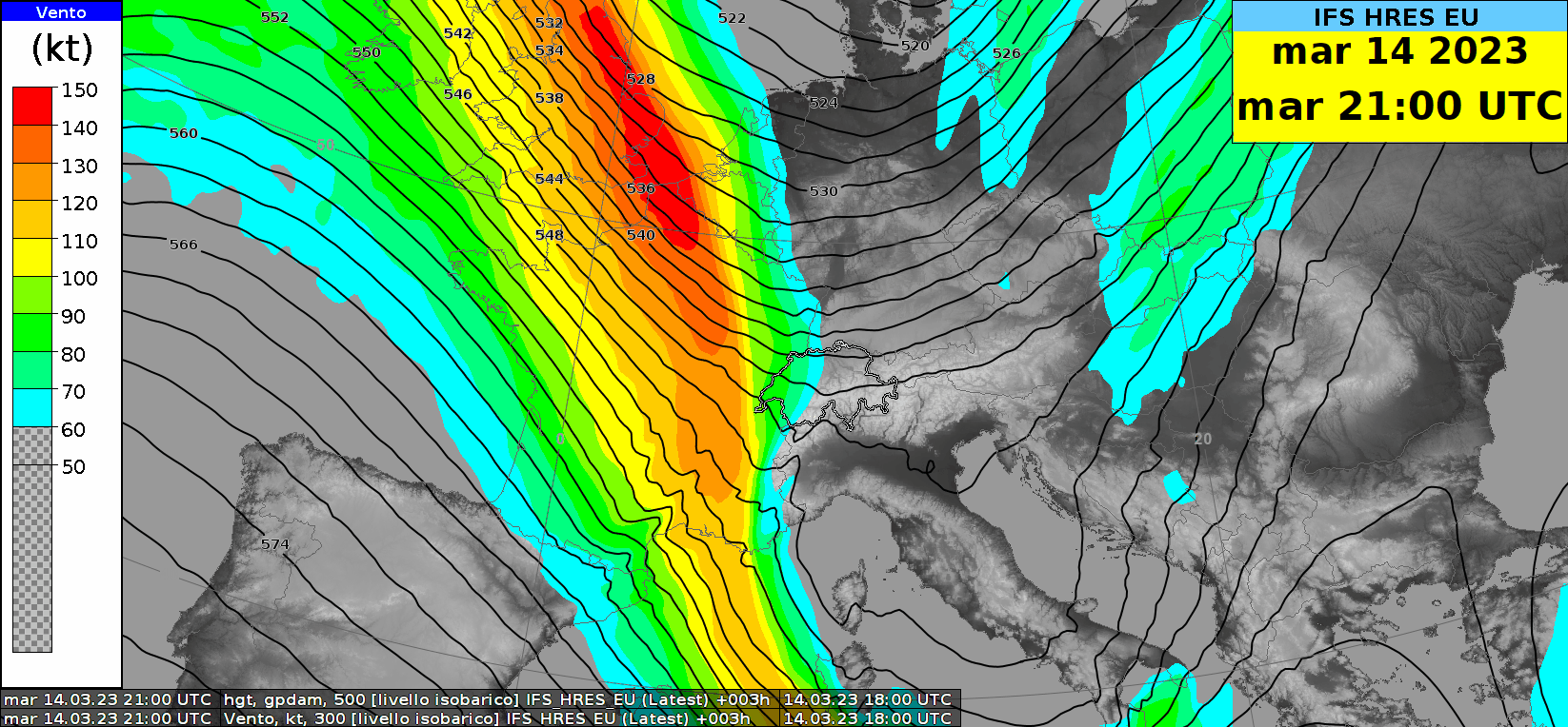 Fig. 1 : Animation du géopotentiel à 500 hPa (courbes noires) et de la vitesse du vent en kt à 300 hPa (plages de couleurs). Modèle : IFS-HRES