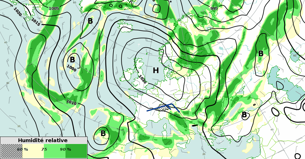 Pression au niveau de la mer en hPa (isolignes noires) et humidité relative (en vert) prévus par le modèle IFS de mardi 17 à vendredi 21 mars 2025.
