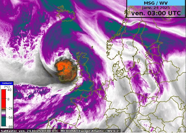 Evolution de la tempête Éowyn le 24.01.2025 , image valeur d'eau. La zone orange correspond à l'intrusion d'air sec, on reconnaît la formation du "crochet" indiquant la formation probable d'un "sting-jet". Sur la côte ouest de l'Irlande au passage Éowyn une pointe à 184 km/h a été mesurée.