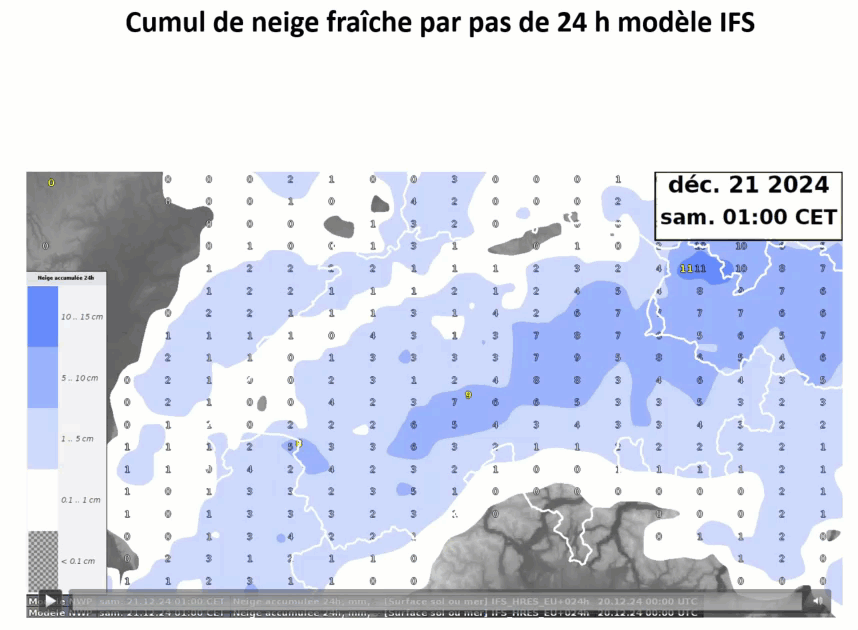 Cumul de neige fraîche par pas de 24 h modèle IFS 
