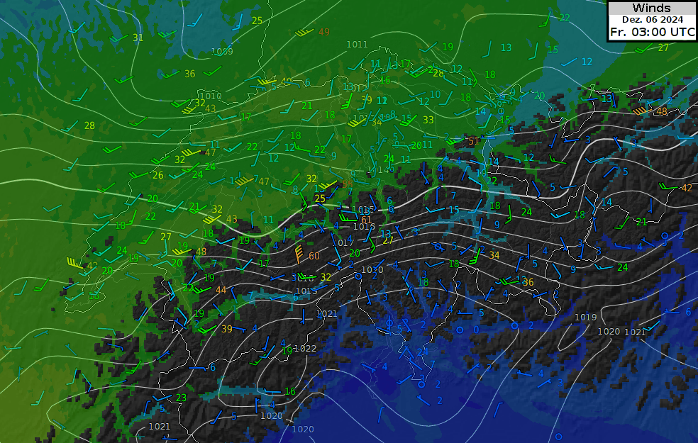 Séquence d'images animées du passage du front froid ce matin. On y voit la pression en Hpa (lignes claires), les mesures de vent des stations au sol (flèches de vent et pointes de rafales en nœuds) ainsi que la température (surfaces colorées).