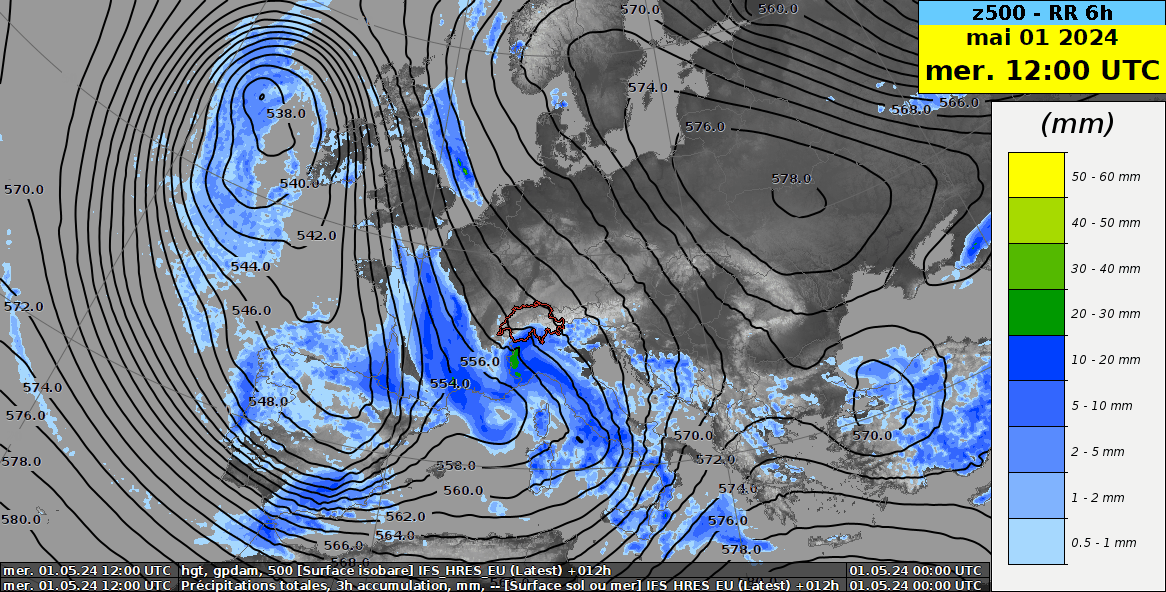 Animation de la hauteur du géopotentiel à 500 hPa (=pression vers 1500 m, contours noirs, en décamètres) et des cumuls de précipitations en 6 heures (couleurs, en mm) du mercredi 1er mai 12 h UTC au vendredi 3 mai 2024 18 h UTC. Modèle IFS.