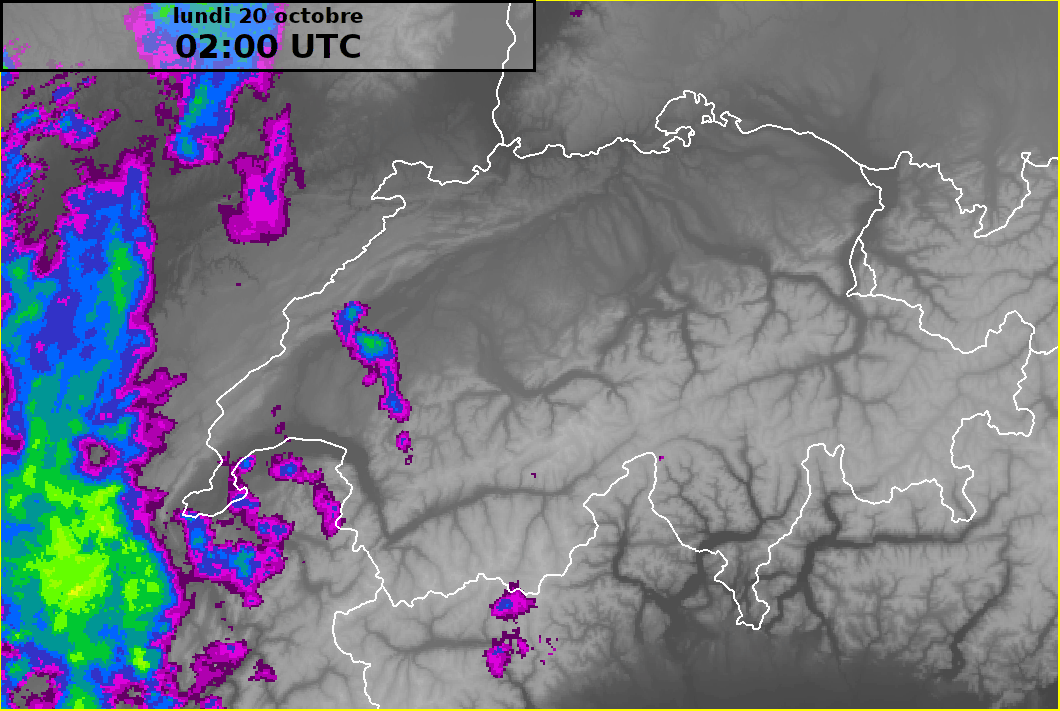 Animation des radars suisses du lundi 20 octobre ente 4 heures et 15 heures locales