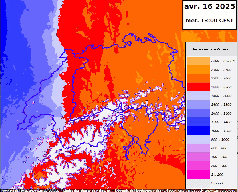 Figure 3 : Altitude de la limite pluie-neige (en mètres) prévue par ICON-1 entre mercredi 13h00 et jeudi 19h00