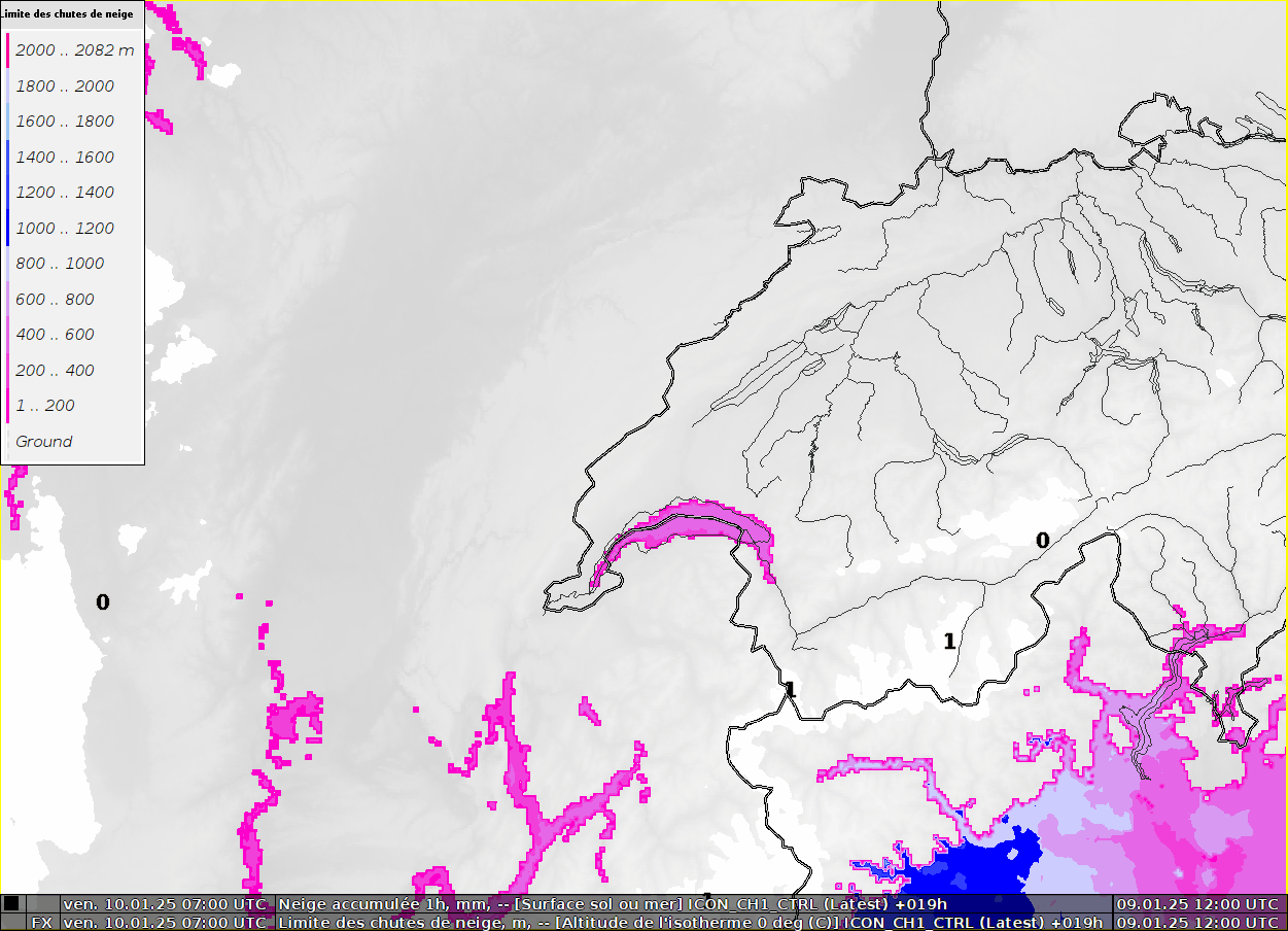 Animation de la limite pluie-neige par le modèle ICON_CH1-EPS. Les plages blanches indiquent les zones de neige en plaine.
