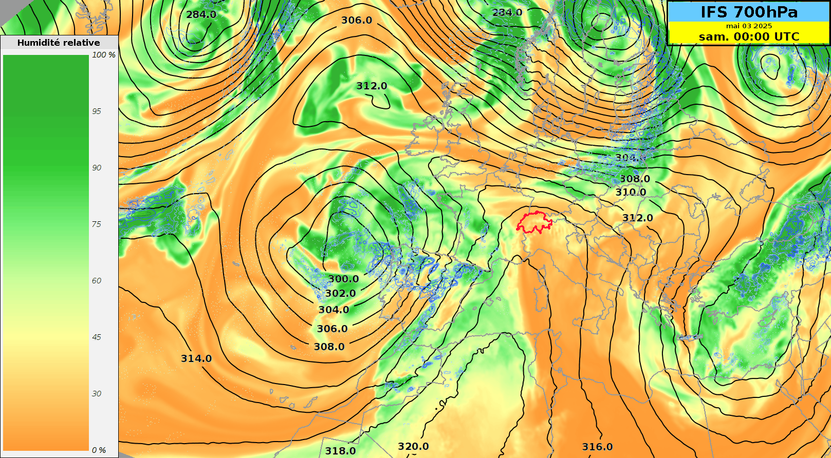 Humidité relative (couleurs orange et bleu) et altitude du géopotentiel (isolignes noires) à 700 hPa ainsi que les précipitations au sol (couleur bleu). (Image : IFS, ECMWF)