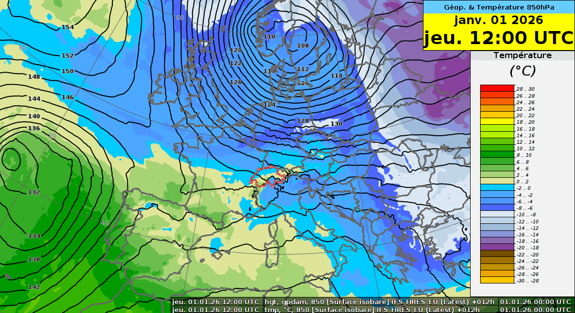 Carte de l'évolution du géopotentiel (pression, contours noirs) et de la température (couleurs) à 850 hPa (~1500 m) du jeudi 1er 12 h UTC au jeudi 8 janvier 2026 00 h UTC. Modèle IFS Contrôle.