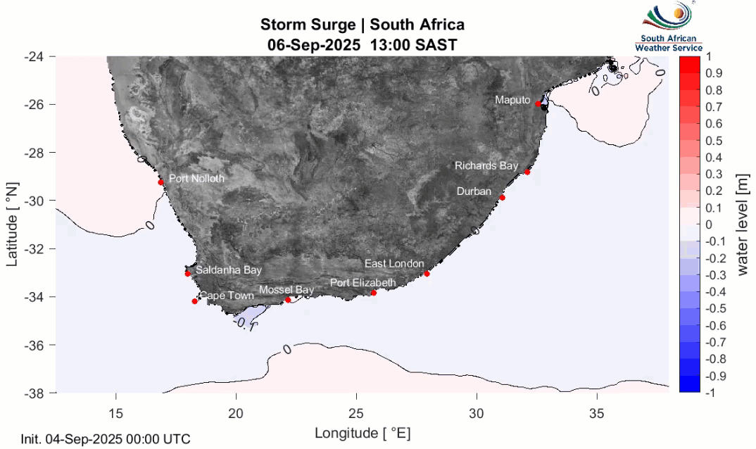 Fig. 2 : Animation de la prévision des ondes de tempête (« storm surge ») pour les côtes sud-africaines.