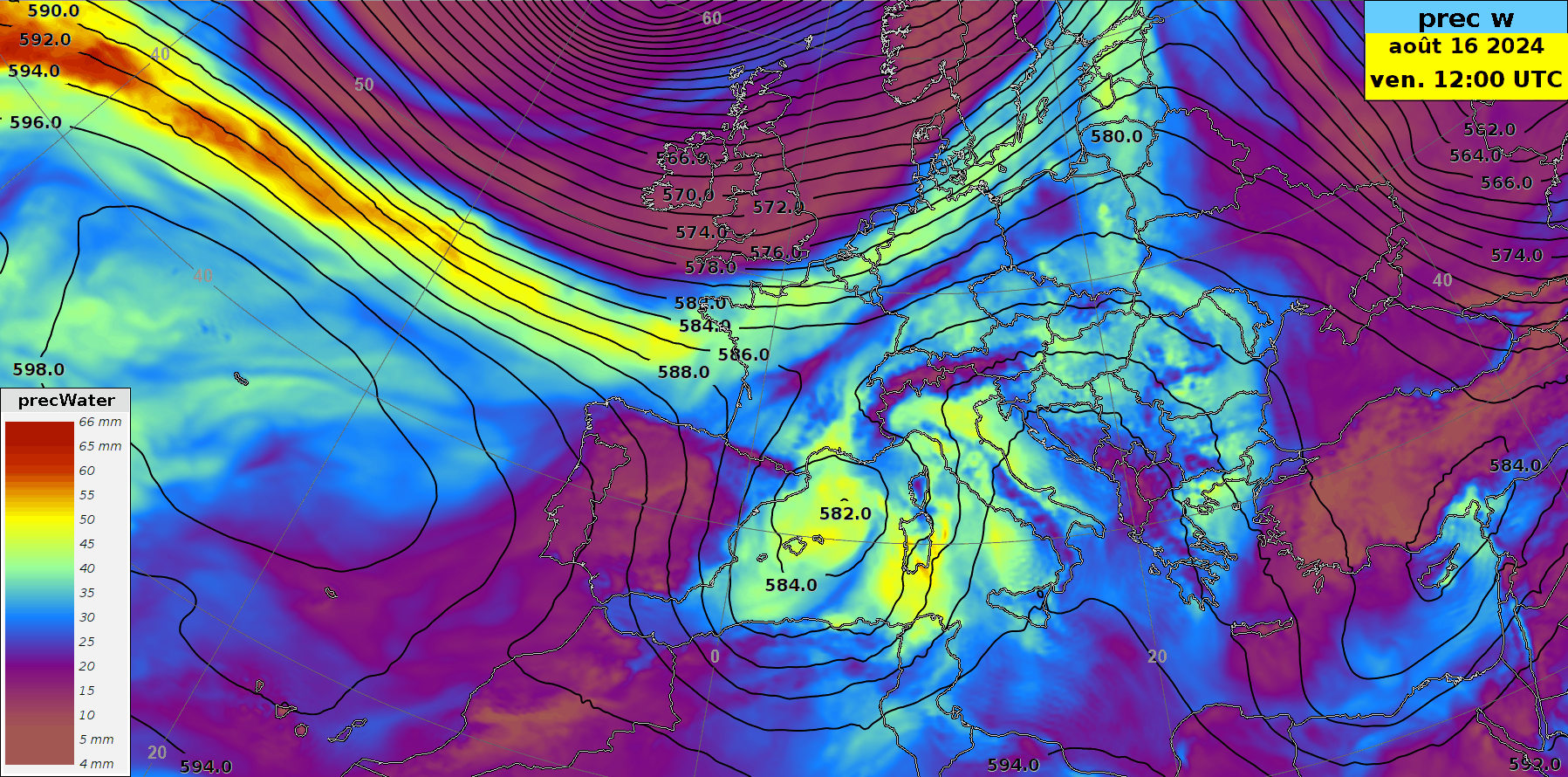 Animation de l'eau précipitable et du géopotentiel à 500 hPa (environ 5500 m d'altitude) de vendredi à samedi. On distingue bien l'air très humide présent sur l'Europe hier et aujourd'hui, la rivière atmosphérique sur l'Atltantique, la dépression d'altitude qui abordera nos régions la nuit prochaine, et l'air sec qui affluera par l'ouest à partir de dimanche après-midi. Source : IFS, MétéoSuisse