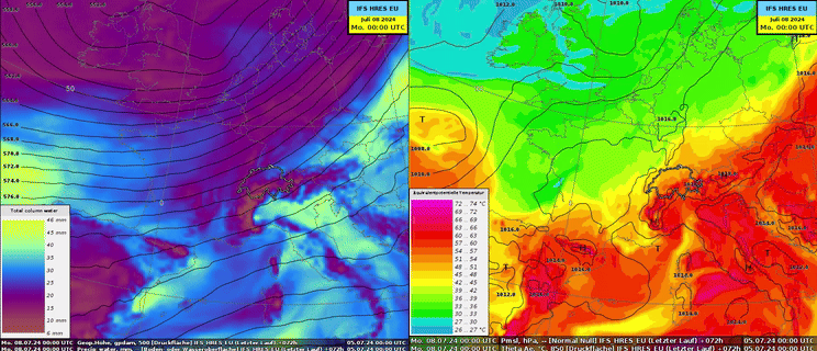 Prévisions du modèle IFS par tranches de 3 heures pour samedi 00 à lundi 00 UTC : à gauche, géopotentiel à 500 hPa (lignes noires) pour le courant d'altitude et contenu en en eau précipitable sur toute l’épaisseur de l’atmosphère (brun/violet = colonne d’air sec, bleu/vert = beaucoup d’humidité sur la colonne). A droite, le champ de pression au sol (lignes noires) et la température potentielle équivalente à 850 hPa (bleu/vert = air frais et/ou sec, rouge = air chaud et/ou humide).