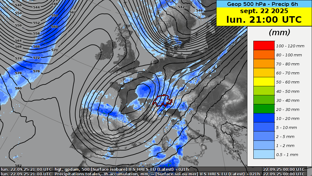 Géopotentiel à 500 hPa (pression vers 5500 m) et cumulus de précipitations sur 6 heures du mardi 23 au vendredi 26 septembre 2025. Modèle IFS Contrôle.