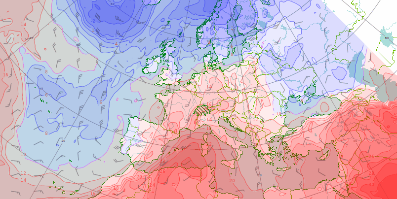 Température à 850 hPa (environ 1500 m, plages de couleurs) prévue par le modèle européen de dimanche 17 à dimanche 24 septembre par le modèle européen.