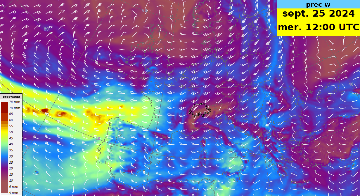 Eau précipitable (plages de couleurs) et force et direction du vent à 3000 m (barbules en blanc) entre mercredi midi et vendredi minuit par le modèle IFS-HRES. 