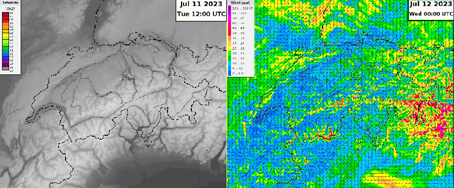Figure 1 : simulation de réflectivité radar (proportionnel à l’intensité des précipitations) à droite et direction du vent et force des rafales (en nœuds) à droite. 1 nœud = 1.9 km/h. Source : MétéoSuisse, modèle COSMO-1E.