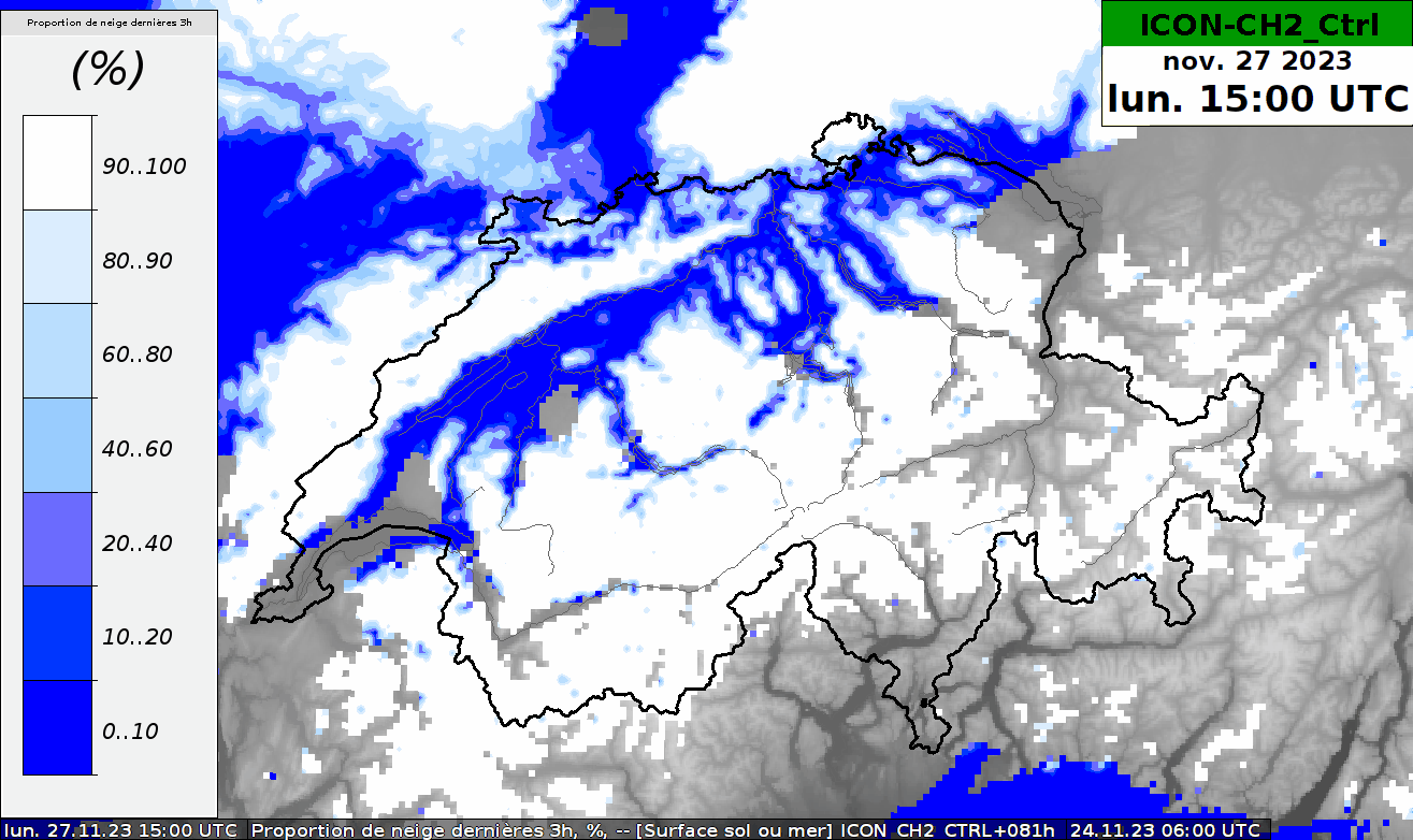 Carte de la proportion de neige dans les précipitations pour lundi 27 et mardi 28 novembre 2023. Modèle ICON-CH2 Contrôle.