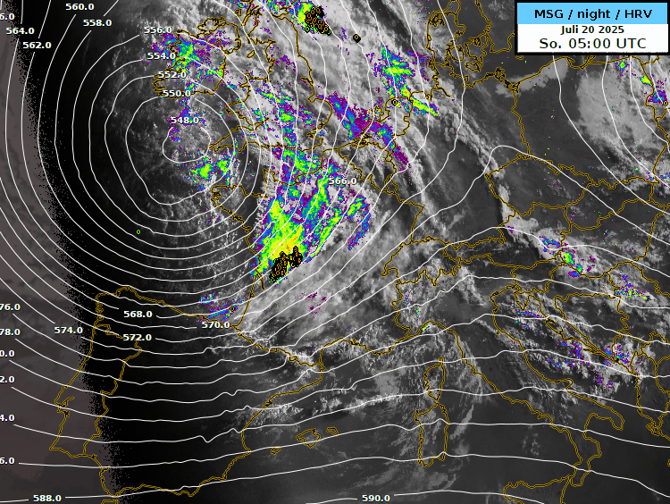 Figure 1. Image satellite (en gris) superposée à une image radar (en couleurs) et à l'altitude géopotentielle 500 hPa (lignes de contour) le 20 juillet 2025, animation entre 7h00 et 10h30.