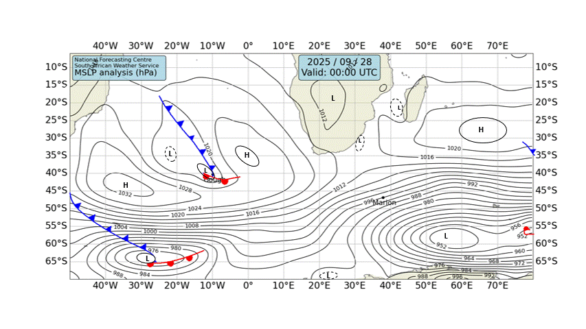 Fig. 1: Carte d'analyse synoptique élaborée par le SAWS, aujourd'hui le 28.09.2025. La symbologie utilisée est la même qu'à MétéoSuisse : les lignes représentent les isobares (en hPa) et les symboles colorés, les fronts.